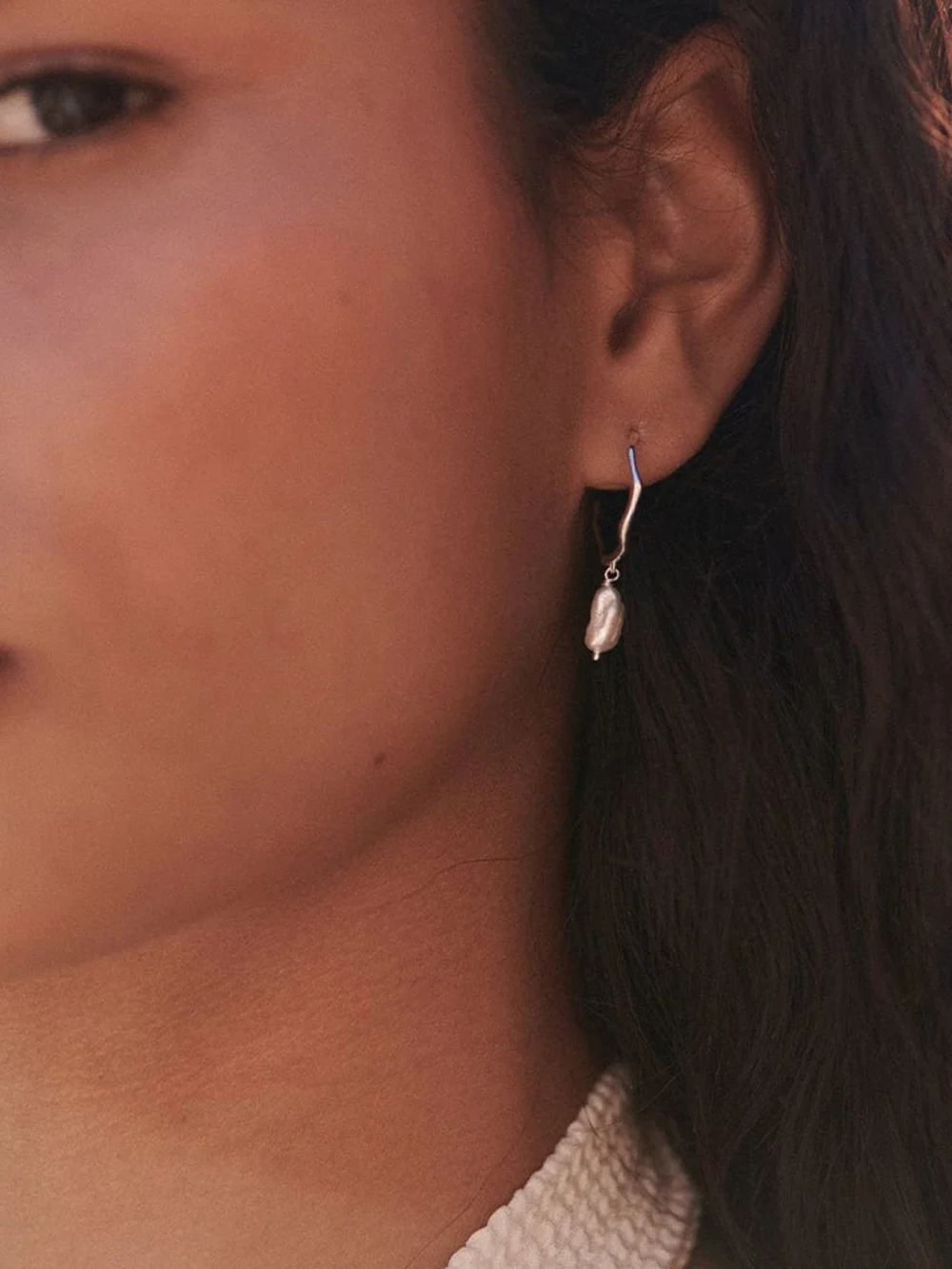 Daisy London Organic Hoop Pearl Drop Earrings Sterling Silver, view 3