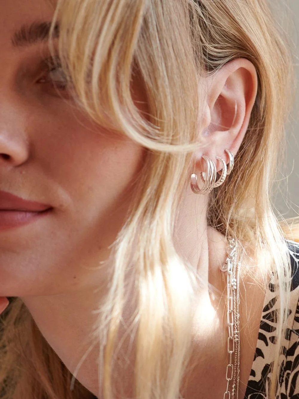 Daisy London Organic Huggie Hoop Earrings Sterling Silver, view 4