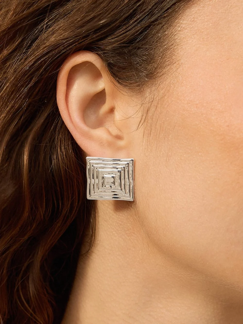 Daisy London Oversized Strata Square Studs Earrings Silver Plate, view 2