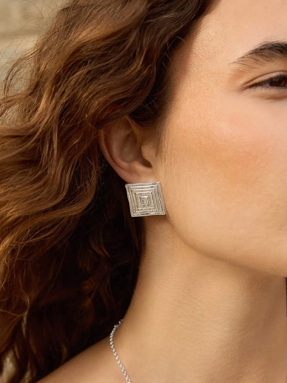 Daisy London Oversized Strata Square Studs Earrings Silver Plate, view 4