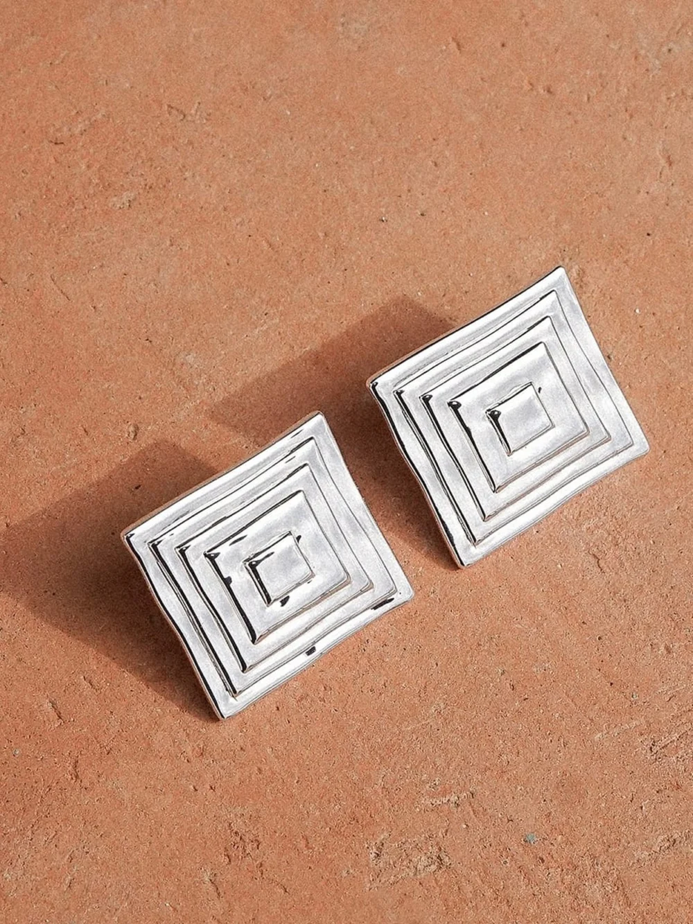 Daisy London Oversized Strata Square Studs Earrings Silver Plate, view 5