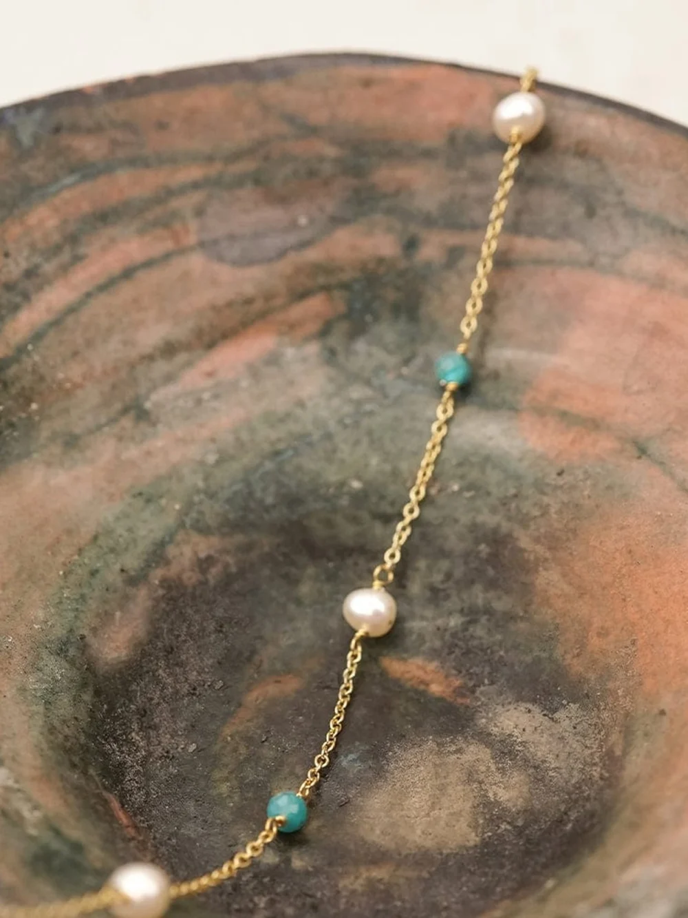 Daisy London Pearl and Blue Bead Bracelet 18ct Gold Plate, view 5