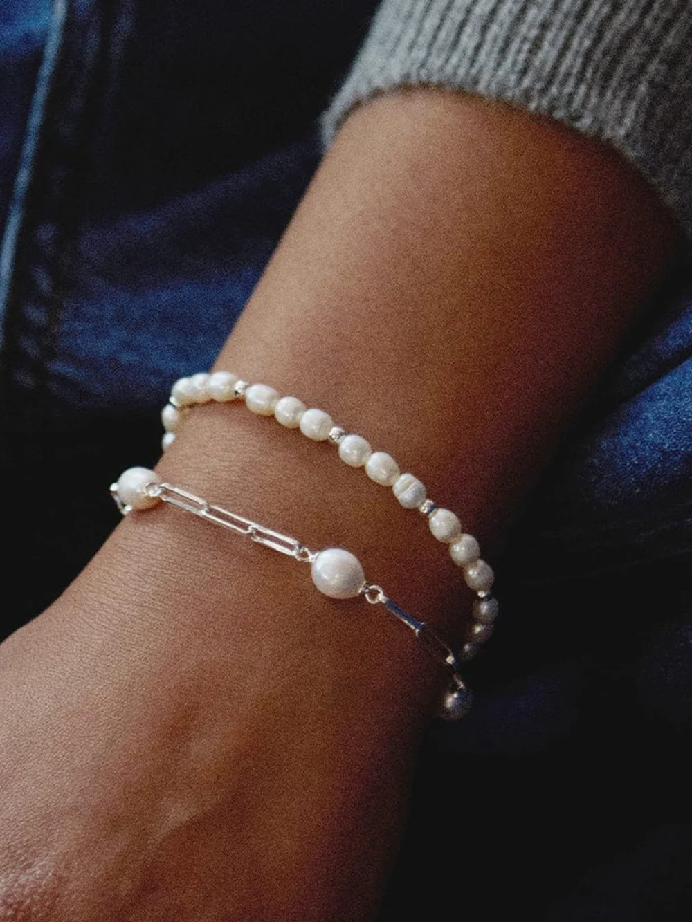 Daisy London Pearl Beaded Chain Bracelet Sterling Silver, view 2