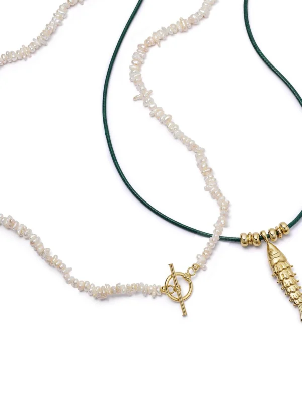 Daisy London Polly Beach Pearl and Fish Cord Necklace Layering Set 18ct Gold Plate