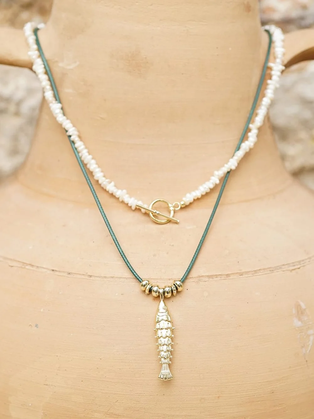 Daisy London Polly Beach Pearl and Fish Cord Necklace Layering Set 18ct Gold Plate, view 2