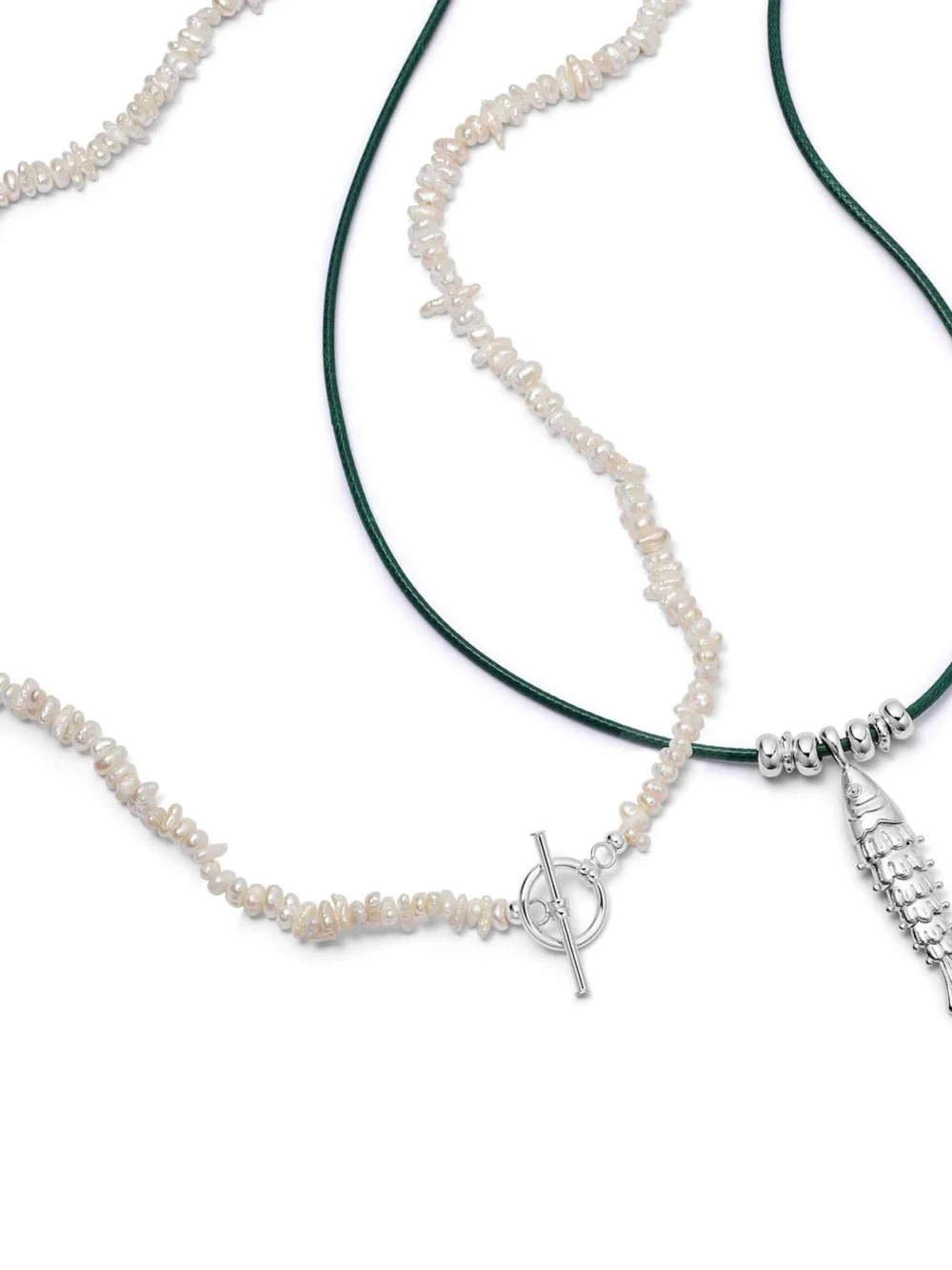 Daisy London Polly Beach Pearl and Fish Cord Necklace Layering Set Sterling Silver
