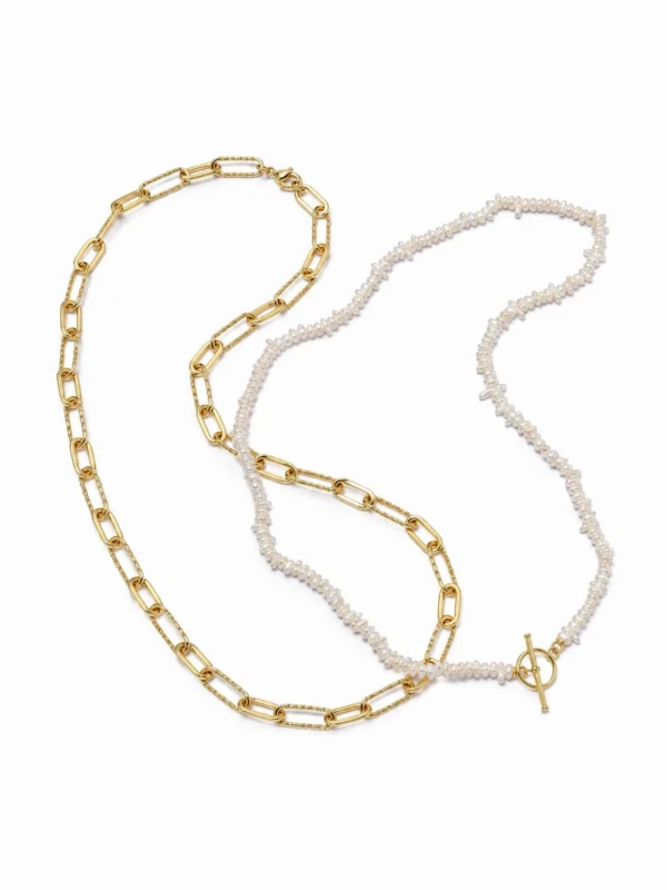 Daisy London Polly Beach Pearl and Paperclip Necklace Layering Set 18ct Gold Plate