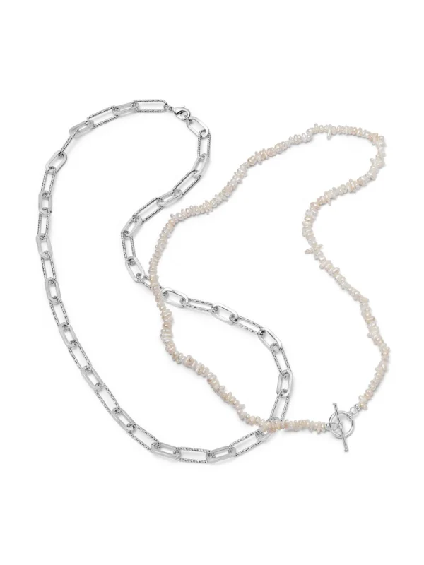 Daisy London Polly Beach Pearl and Paperclip Necklace Layering Set Silver Plate