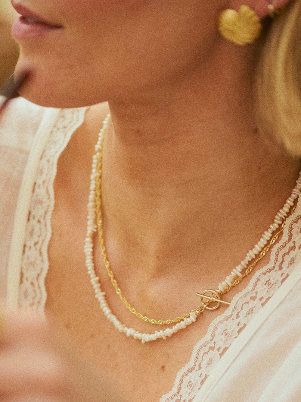 Daisy London Polly Beach Pearl T Bar Necklace 18ct Gold Plate, view 2