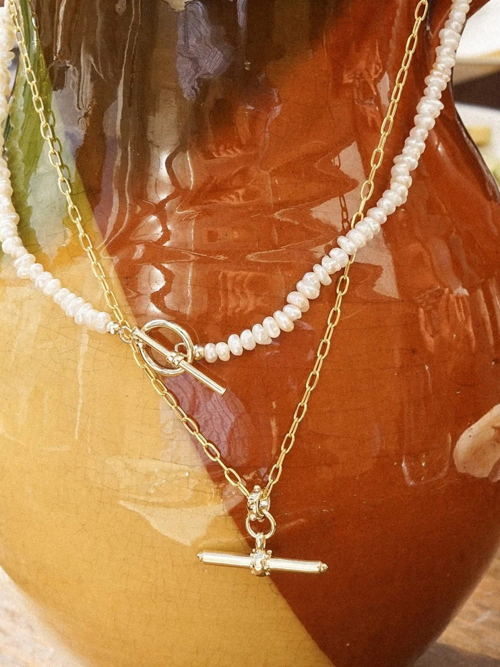 Daisy London Polly Beach Pearl T Bar Necklace 18ct Gold Plate, view 5