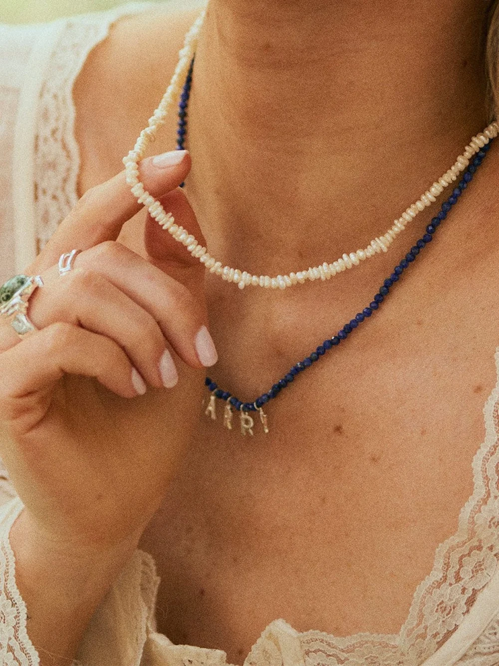 Daisy London Polly Beach Pearl T Bar Necklace Sterling Silver, view 2