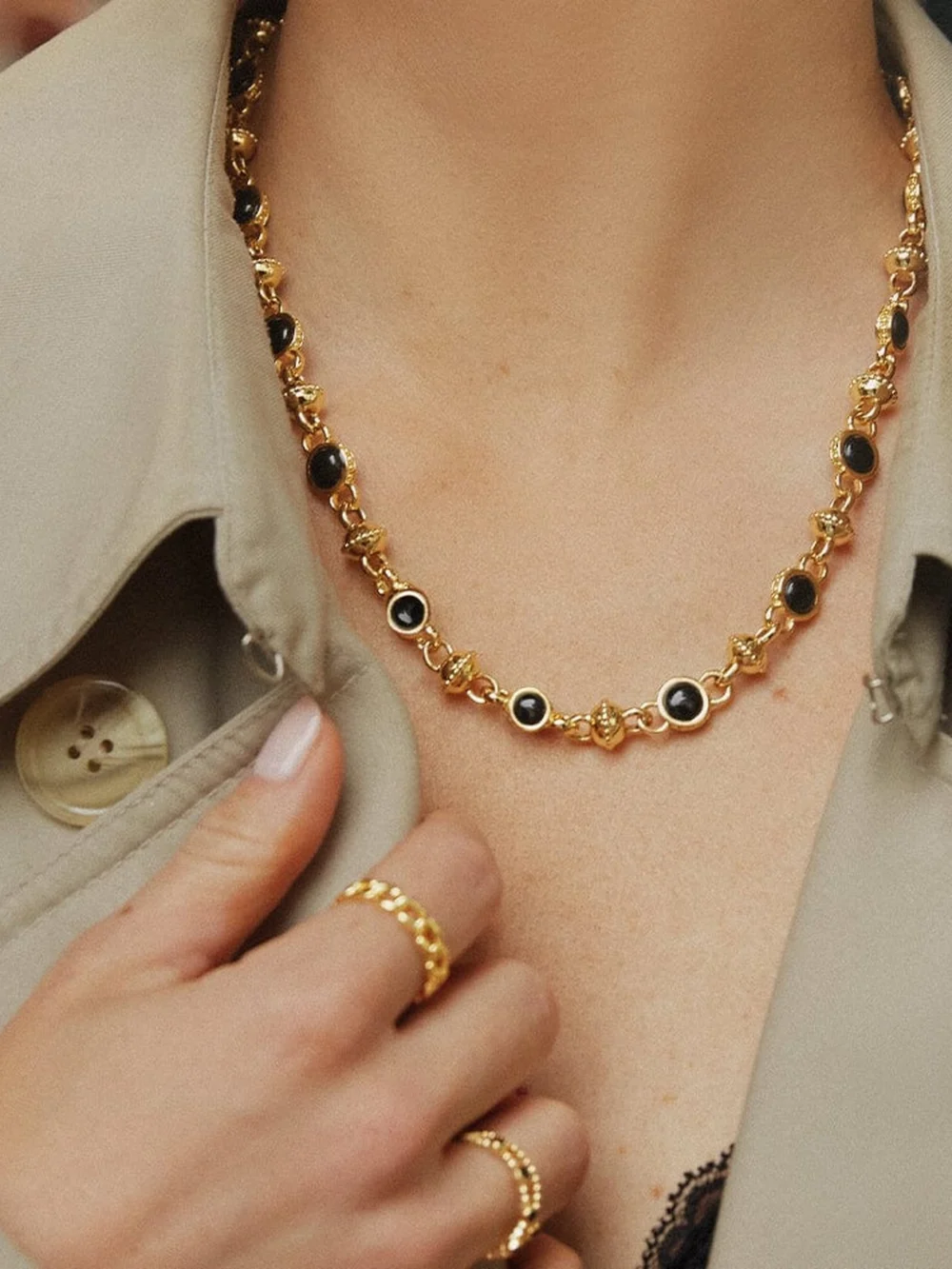 Daisy London Polly Black Onyx Chain Necklace 18ct Gold Plate, view 2