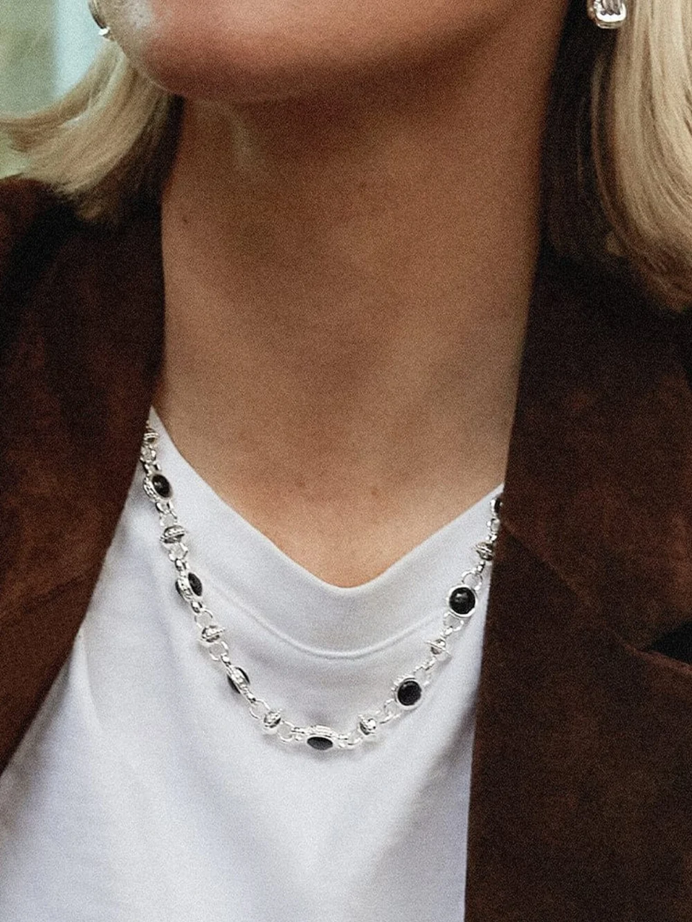 Daisy London Polly Black Onyx Chain Necklace Silver Plate, view 4