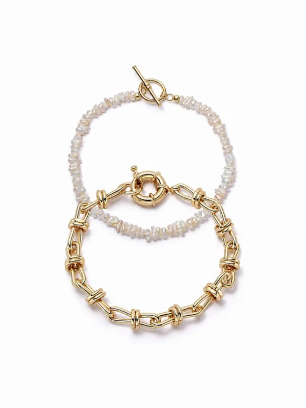 Daisy London Polly Knot Chain and Beach Pearl Bracelet Set 18ct Gold Plate