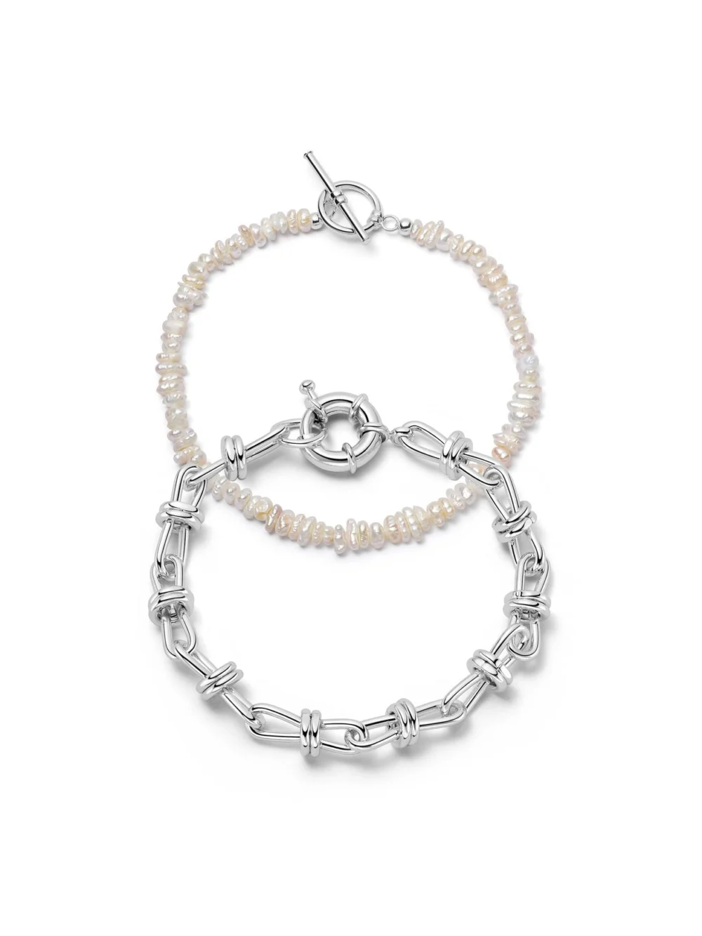 Daisy London Polly Knot Chain and Beach Pearl Bracelet Set Silver Plate
