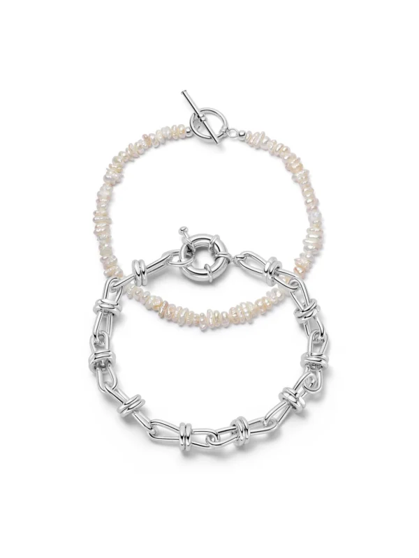 Daisy London Polly Knot Chain and Beach Pearl Bracelet Set Silver Plate
