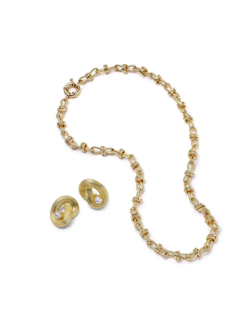 Daisy London Polly Knot Pearl Studs & Knot Necklace Layering Set 18ct Gold Plate