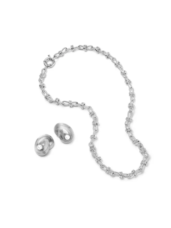 Daisy London Polly Knot Pearl Studs & Knot Necklace Layering Set Silver Plate