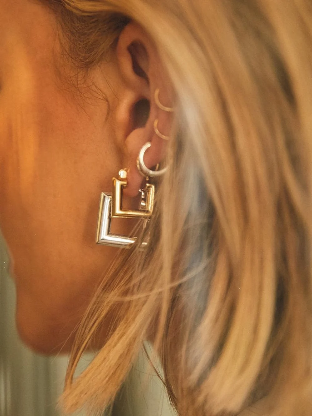 Daisy London Polly Mini Chubby Square Hoop Earrings 18ct Gold Plate, view 2