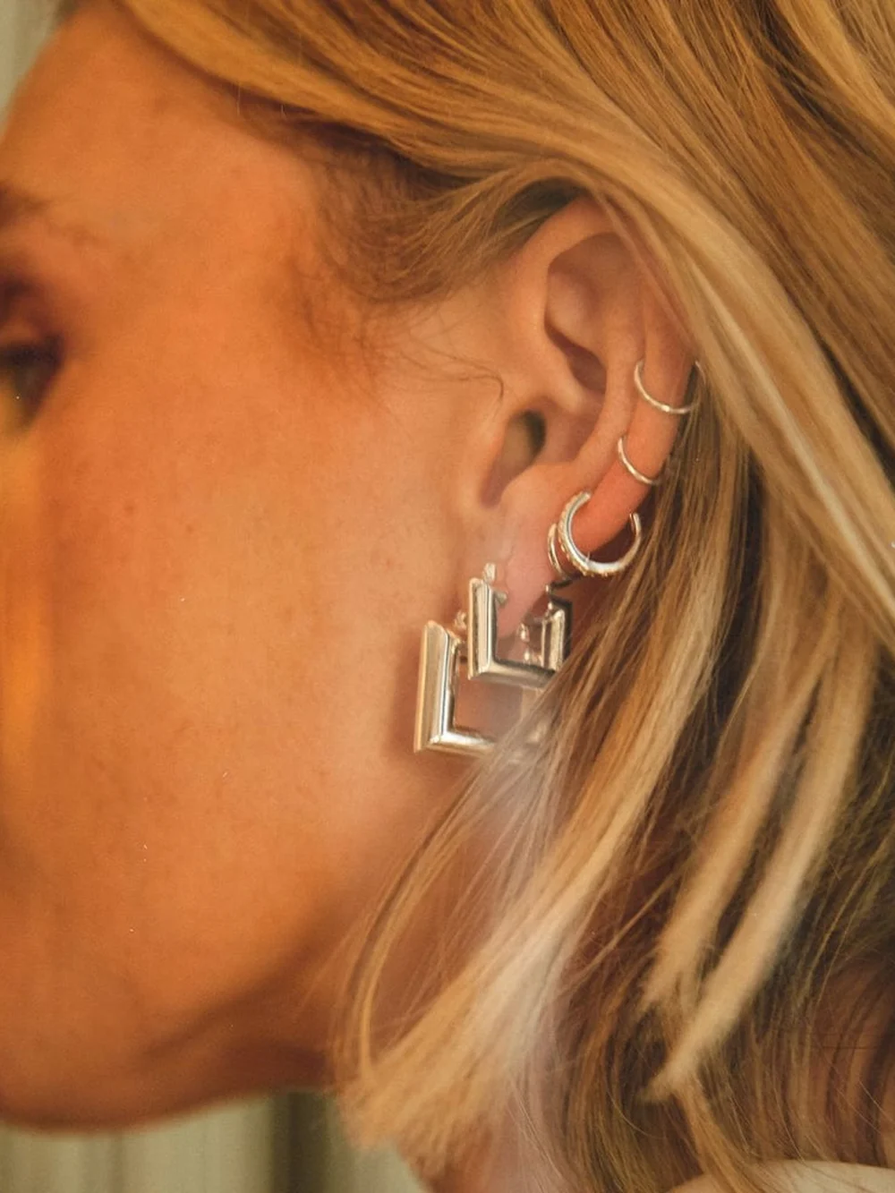 Daisy London Polly Mini Chubby Square Hoop Earrings Silver Plate, view 2