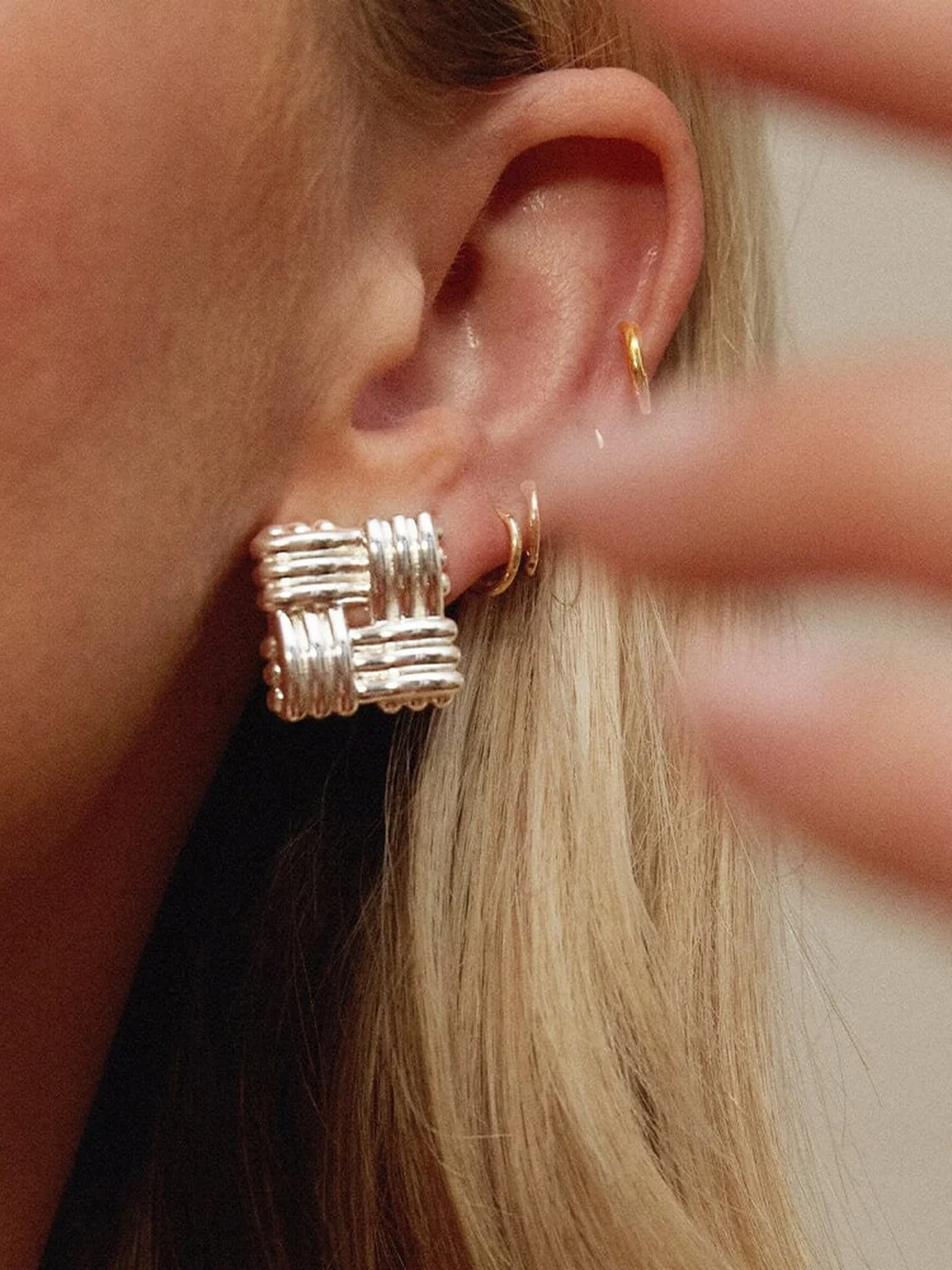 Daisy London Polly Mini Lattice Stud Earrings Silver Plate, view 5