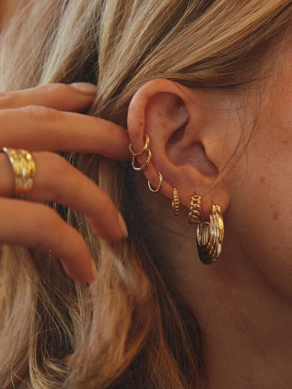Daisy London Polly Mini Ridge Hoop Earrings 18ct Gold Plate, view 2