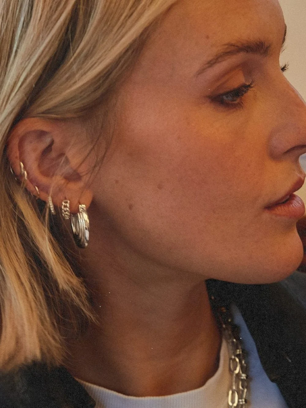 Daisy London Polly Mini Ridge Hoop Earrings Silver Plate, view 4