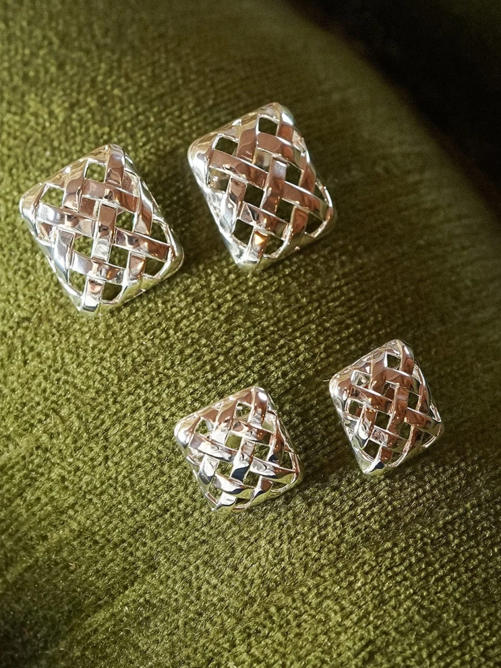Daisy London Polly Mini Woven Square Stud Earrings Silver Plate, view 3