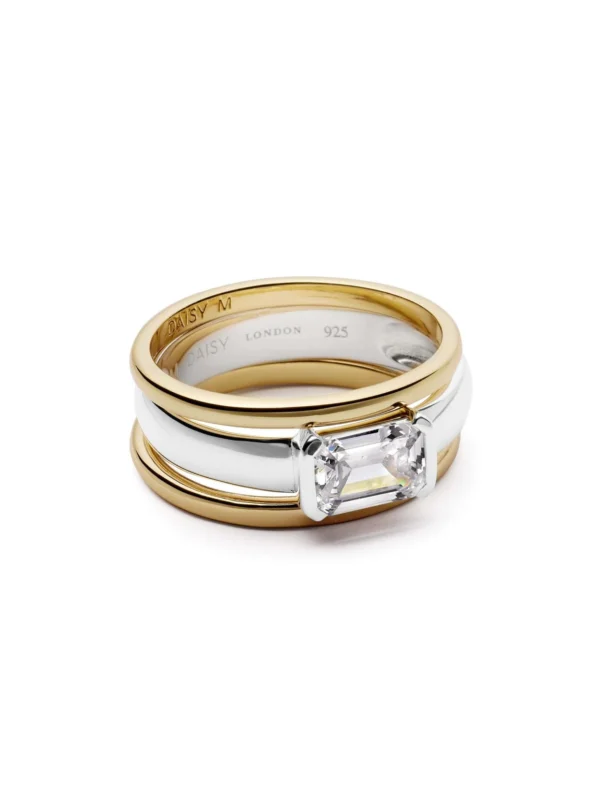 Daisy London Polly Newman Mixed Metal Crystal Ring Stack Silver Plate