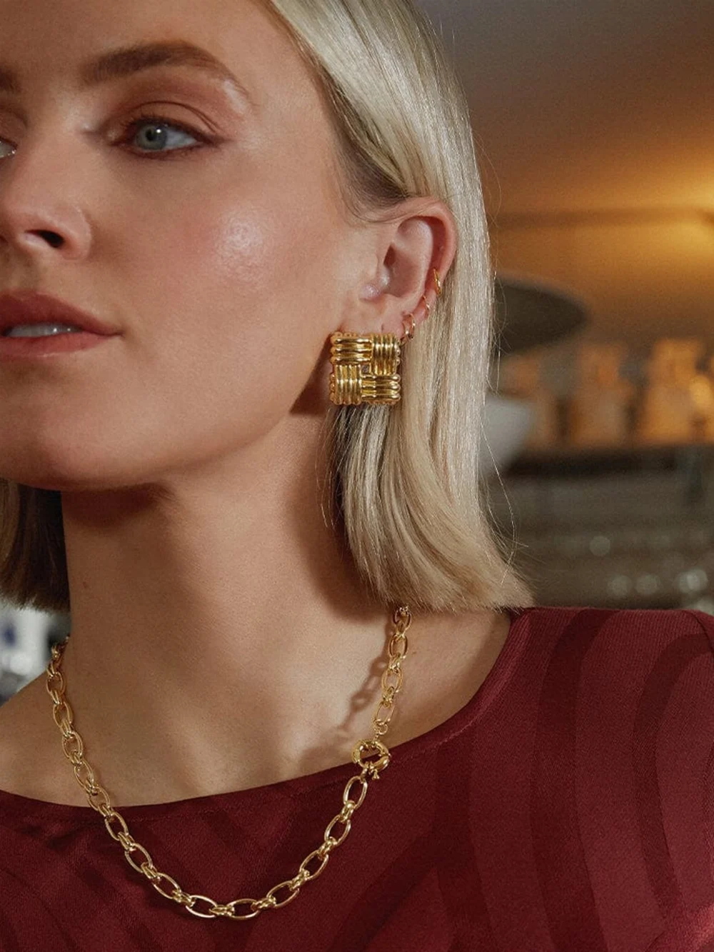 Daisy London Polly Oversized Lattice Stud Earrings 18ct Gold Plate, view 5