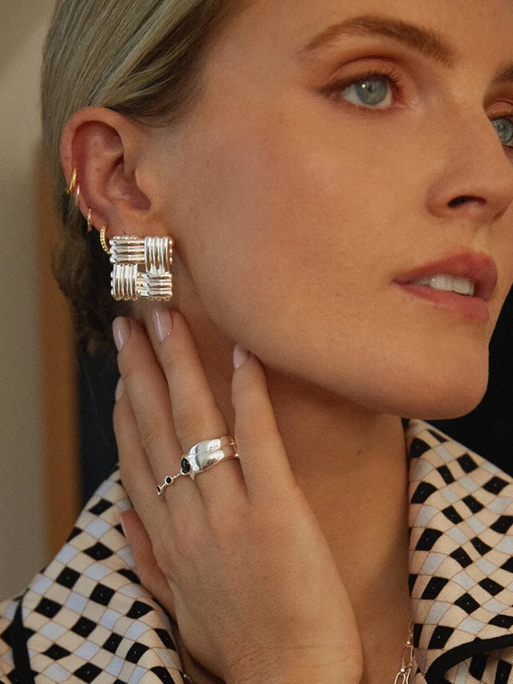 Daisy London Polly Oversized Lattice Stud Earrings Silver Plate, view 2