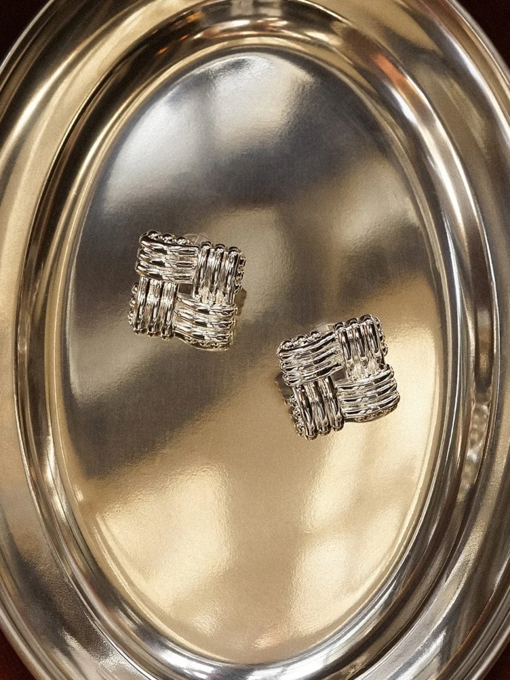 Daisy London Polly Oversized Lattice Stud Earrings Silver Plate, view 3