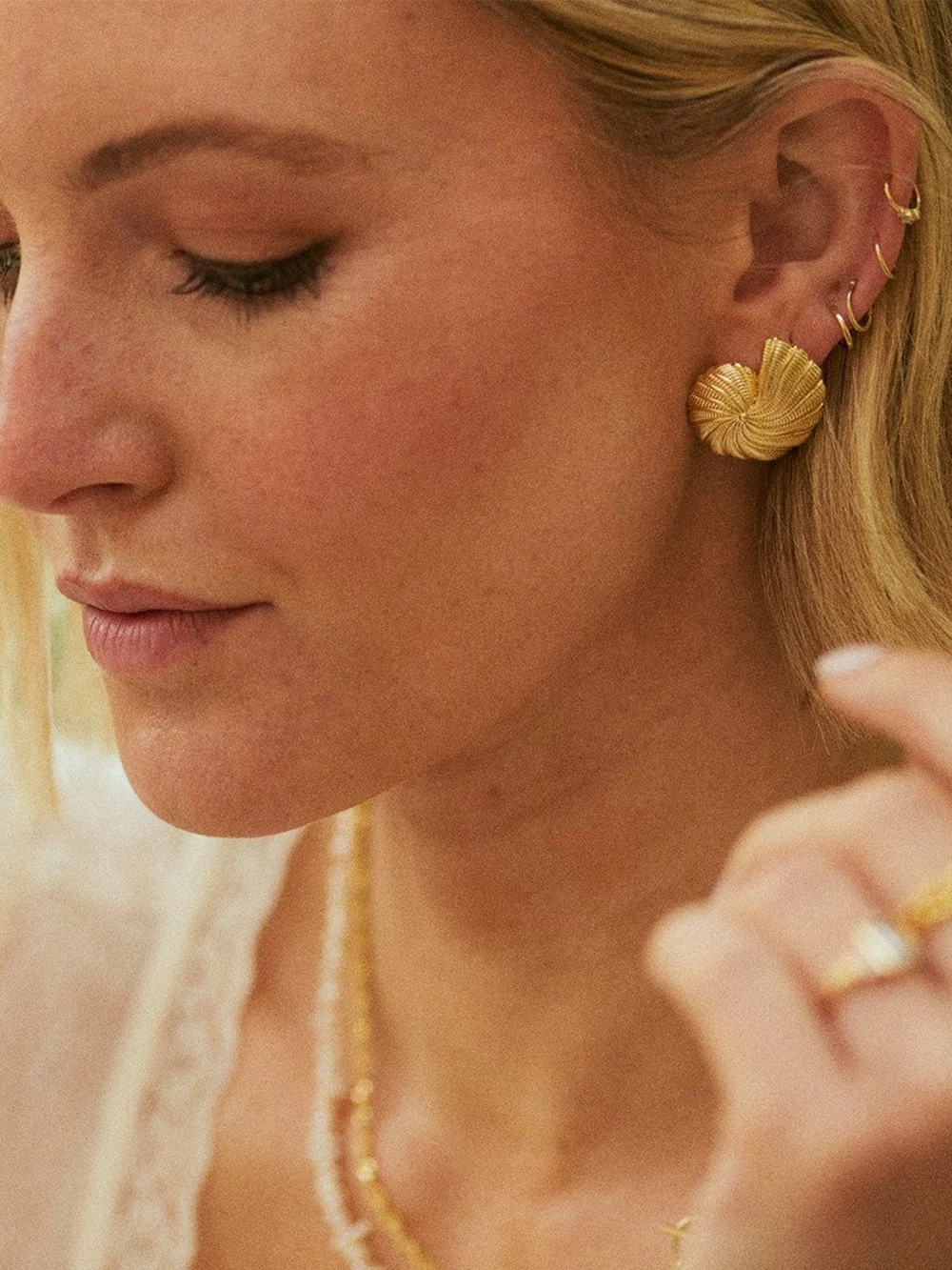 Daisy London Polly Oversized Shell Stud Earrings 18ct Gold Plate, view 4