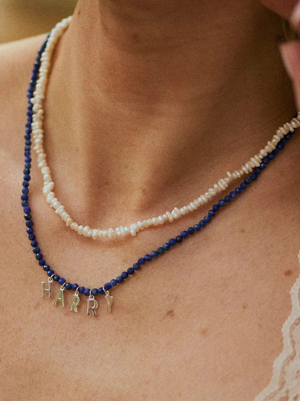 Daisy London Polly Personalised Lapis Bead Necklace Sterling Silver, view 2