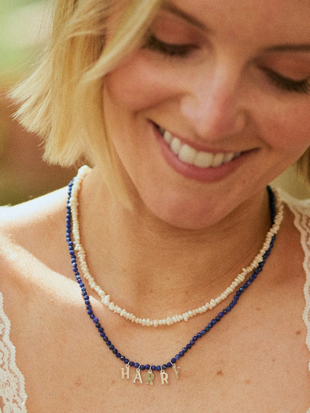 Daisy London Polly Personalised Lapis Bead Necklace Sterling Silver, view 4
