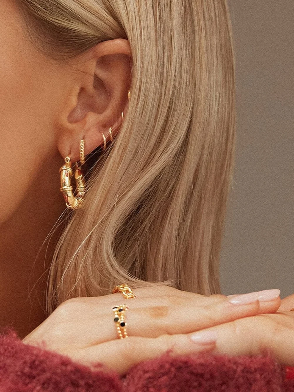 Daisy London Polly Ridge Huggie Hoop Earrings 18ct Gold Plate, view 2
