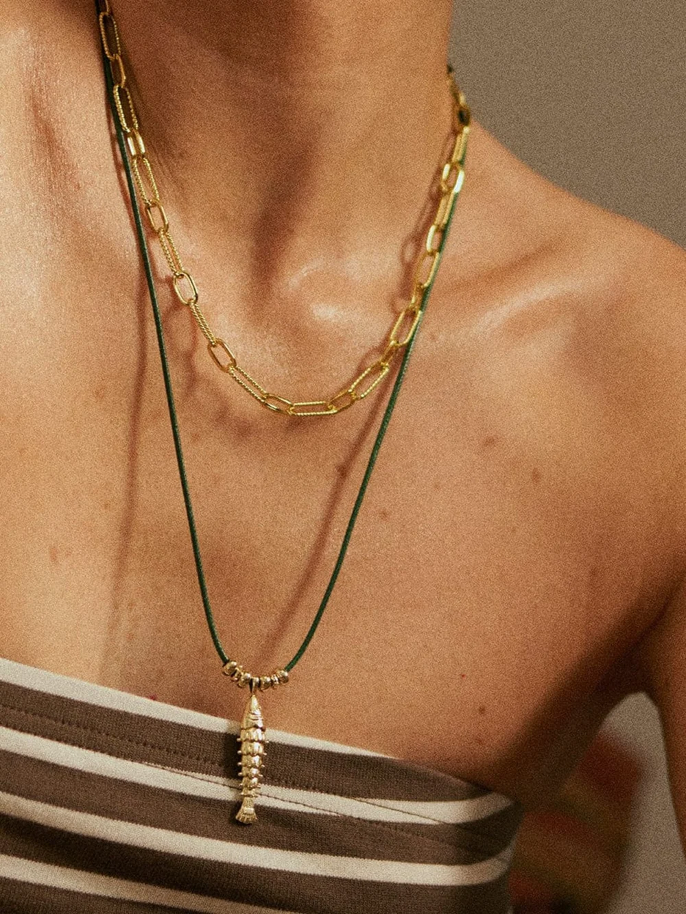 Daisy London Polly Tidal Fish Cord Necklace 18ct Gold Plate, view 2