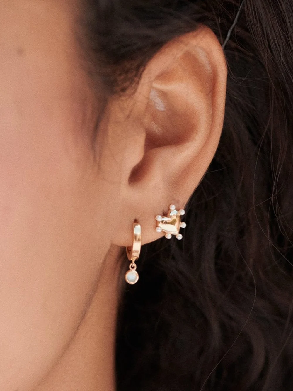 Daisy London Rainbow Moonstone Healing Huggie Hoop Earrings 18ct Gold Plate, view 2