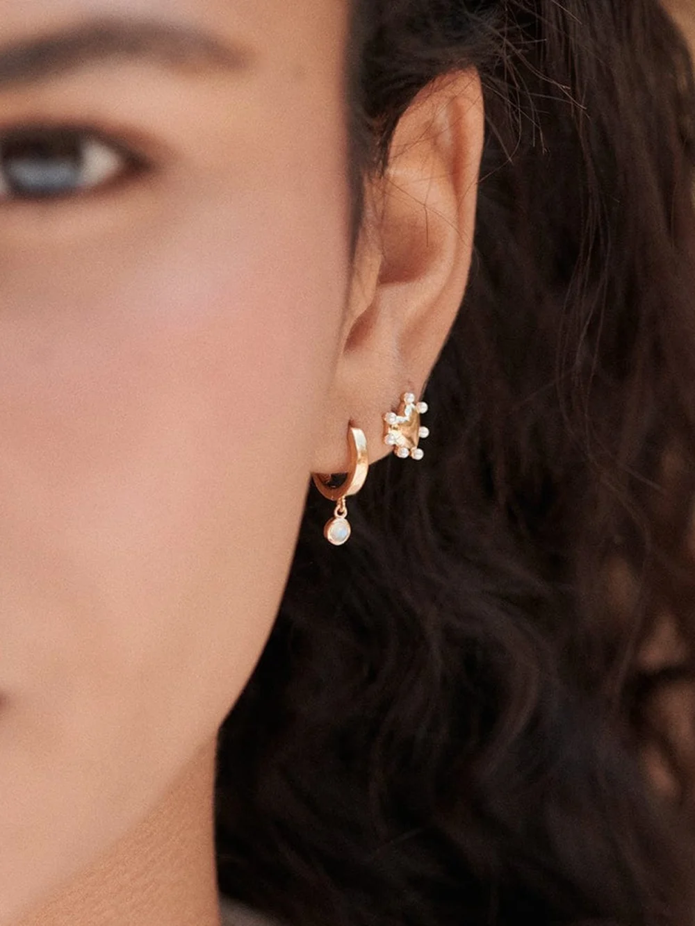 Daisy London Rainbow Moonstone Healing Huggie Hoop Earrings 18ct Gold Plate, view 4