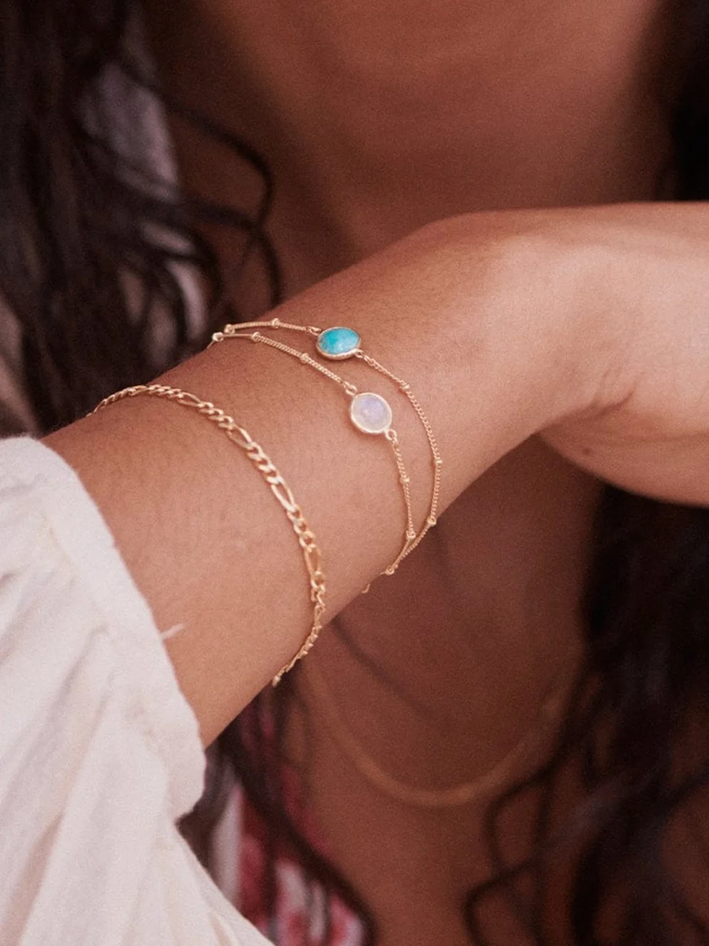 Daisy London Rainbow Moonstone Healing Stone Bobble Bracelet 18ct Gold Plate, view 2