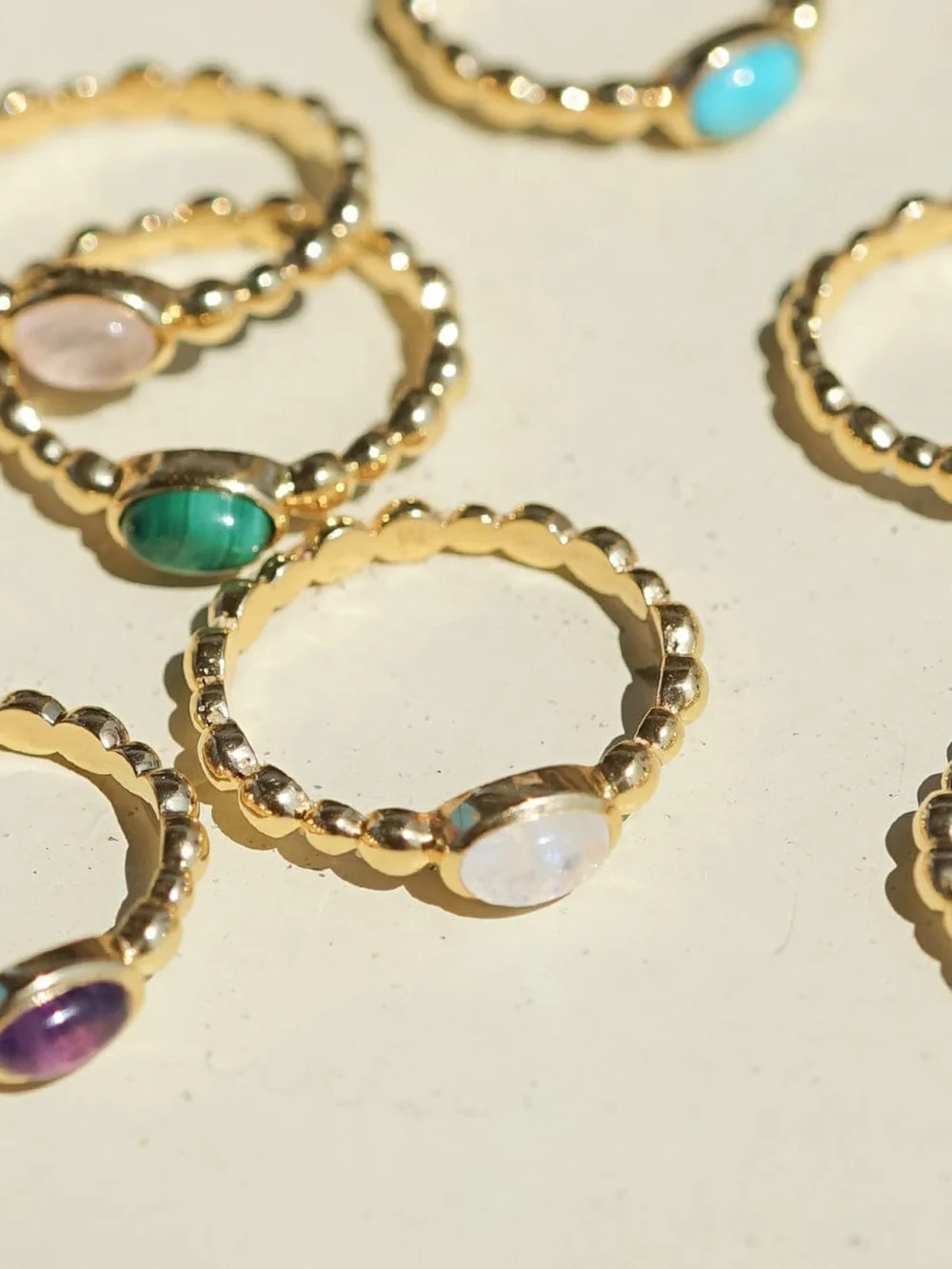Daisy London Rainbow Moonstone Healing Stone Bobble Ring 18ct Gold Plate, view 3
