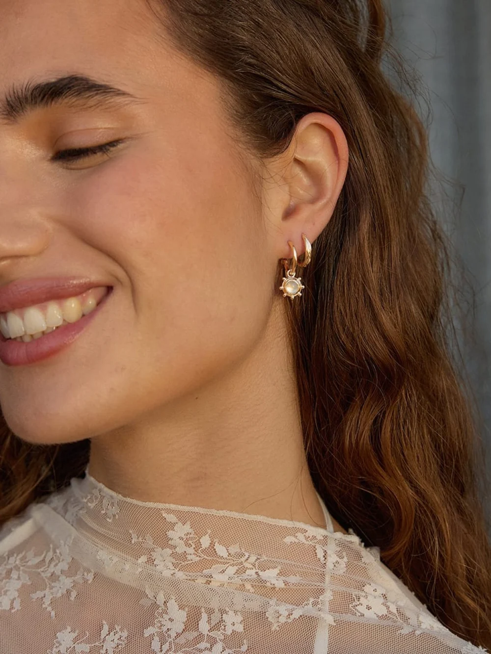 Daisy London Rainbow Moonstone Healing Stone Charm Earrings 18ct Gold Plate, view 4