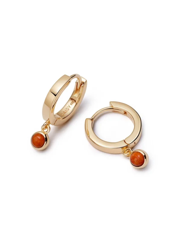 Daisy London Red Coral Healing Huggie Hoop Earrings 18ct Gold Plate