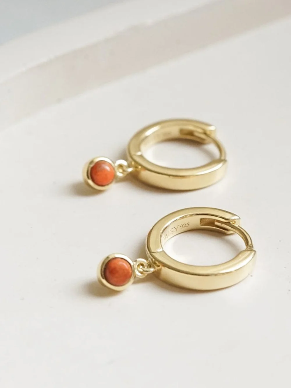 Daisy London Red Coral Healing Huggie Hoop Earrings 18ct Gold Plate, view 2