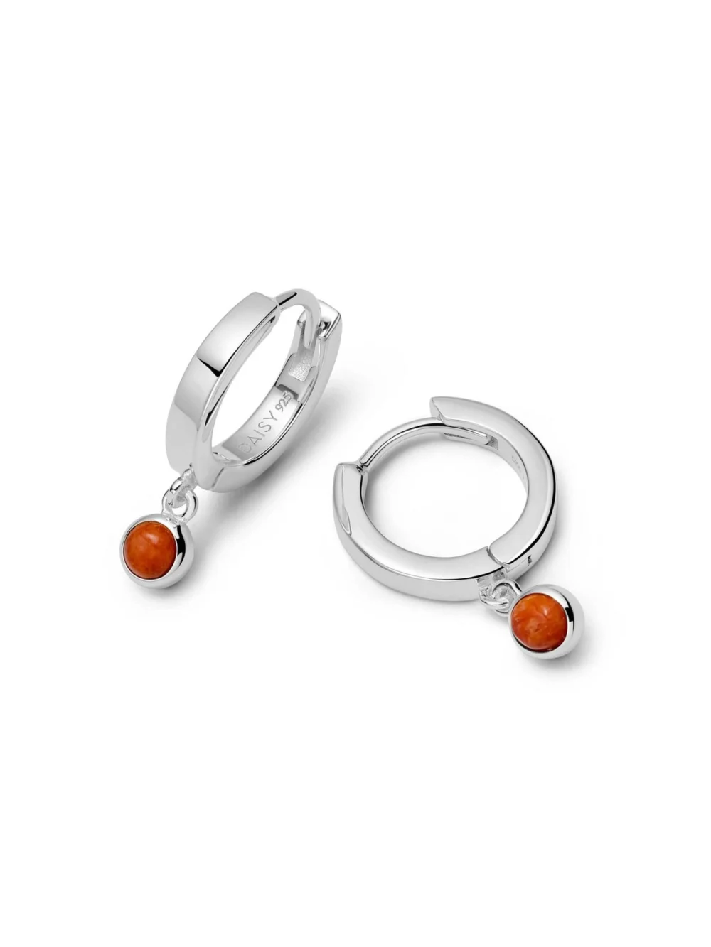 Daisy London Red Coral Healing Huggie Hoop Earrings Sterling Silver