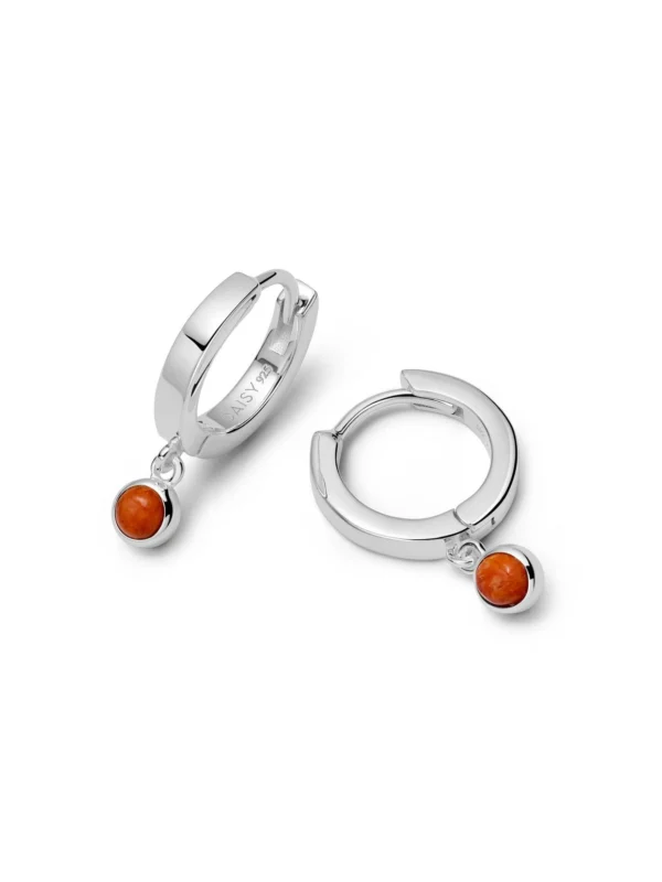 Daisy London Red Coral Healing Huggie Hoop Earrings Sterling Silver