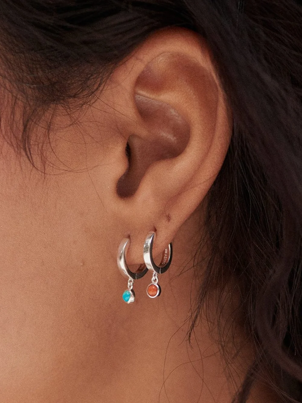 Daisy London Red Coral Healing Huggie Hoop Earrings Sterling Silver, view 2