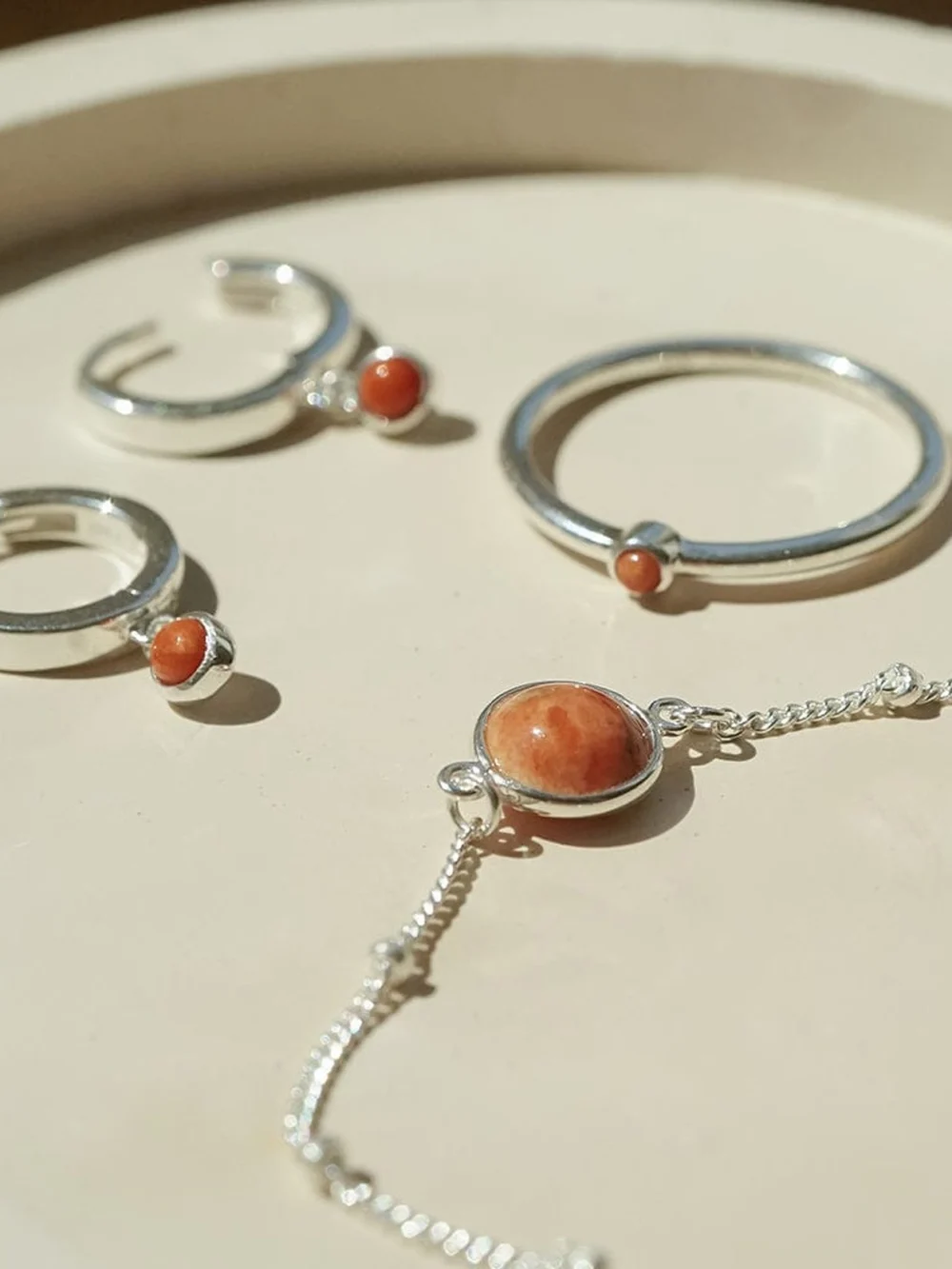 Daisy London Red Coral Healing Huggie Hoop Earrings Sterling Silver, view 5