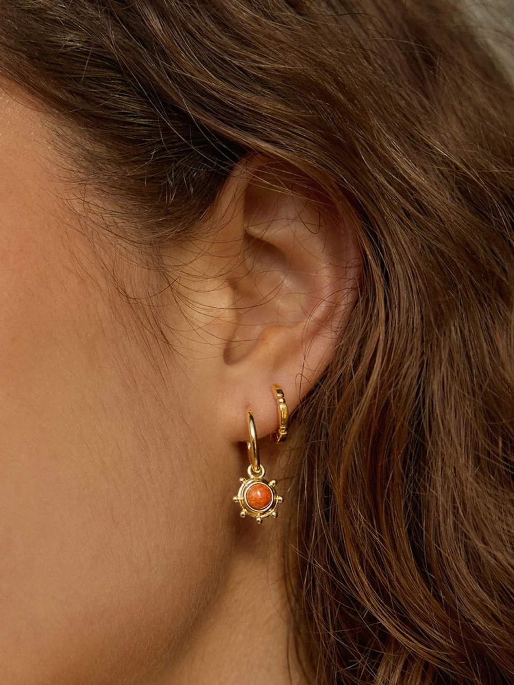 Daisy London Red Coral Healing Stone Charm Earrings 18ct Gold Plate, view 2
