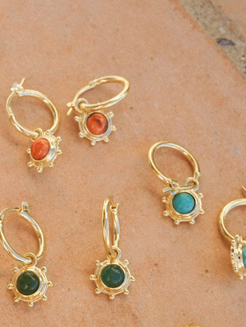 Daisy London Red Coral Healing Stone Charm Earrings 18ct Gold Plate, view 3